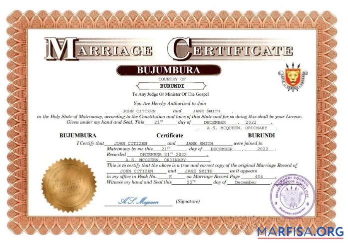 Realistisch Burundi Ehe Zertifikat Word and PDF Vorlage