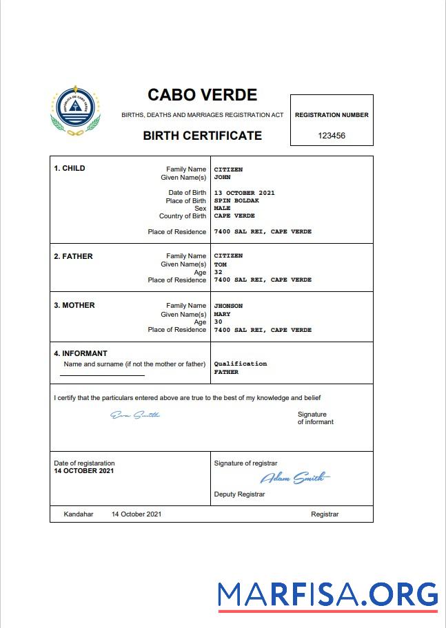 Hohe Qualität Kap Verde vital record Geburt Zertifikat Word and PDF Vorlage
