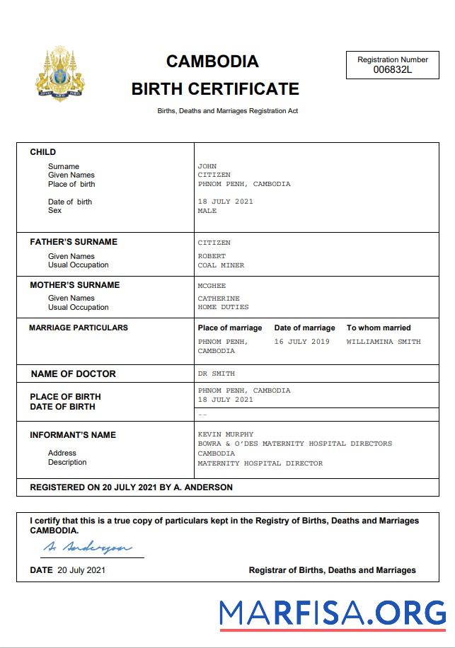 Hohe Qualität Kambodscha Geburt Zertifikat Word and PDF Vorlage