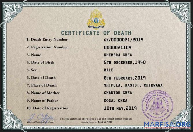 Professionell Kambodscha vital record Tod Zertifikat PSD Vorlage