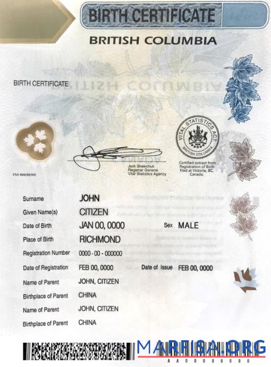Professionell Kanada British Columbia Geburt Zertifikat Vorlage in PSD