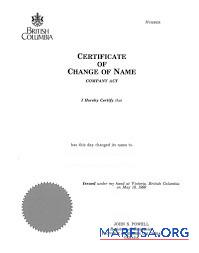 Kanada British Columbia Register of companies Zertifikat of change of name Vorschau