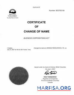 Kanada British Columbia Register of companies name change Zertifikat Vorschau