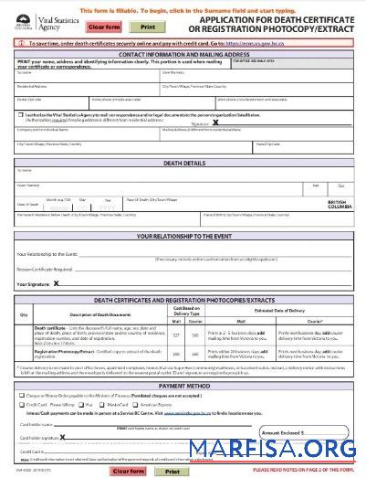 Kanada Vital Statistik Agentur of British Columbia Tod Zertifikat Probe