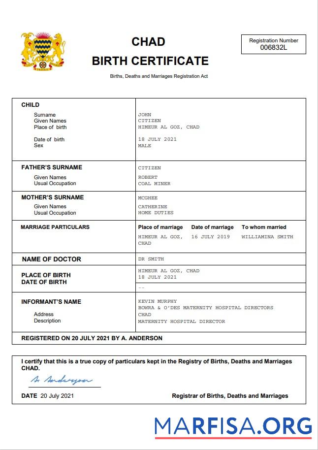 Realistisch Tschad Geburt Zertifikat Word and PDF Vorlage
