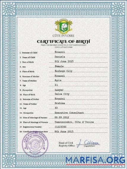 Bearbeitbar Co╠éte dΓÇÖIvoire vital record Geburt Zertifikat PSD Vorlage