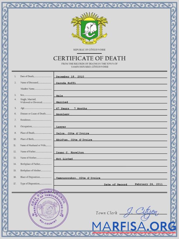 Hohe Qualität Co╠éte dΓÇÖIvoire vital record Tod Zertifikat PSD Vorlage