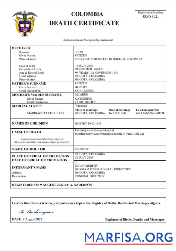 Premium Kolumbien Tod Zertifikat Word and PDF Vorlage