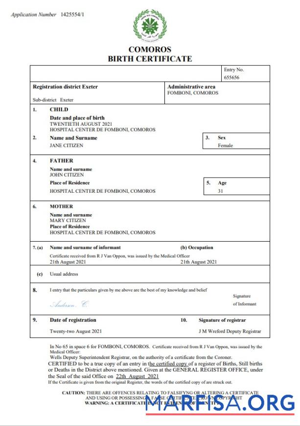 Bearbeitbar Komoren Geburt Zertifikat Word and PDF Vorlage