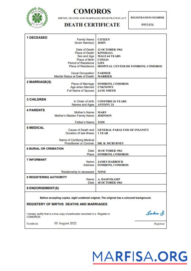 Premium Komoren vital record Tod Zertifikat Word and PDF Vorlage