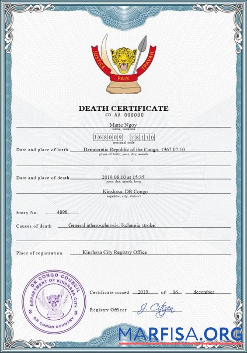 Professionell Kongo (Democratic Republic of the Kongo) vital record Tod Zertifikat PSD Vorlage