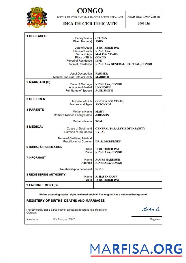 Hohe Qualität Kongo Tod Zertifikat Word and PDF Vorlage