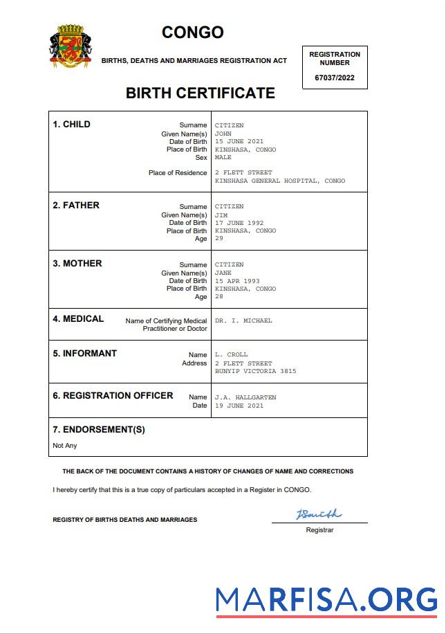 Realistisch Kongo vital record Geburt Zertifikat Word and PDF Vorlage