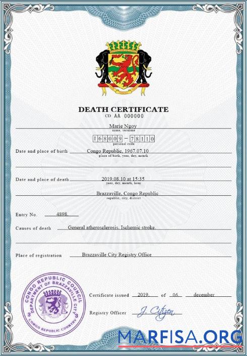Hohe Qualität Kongo vital record Tod Zertifikat PSD Vorlage