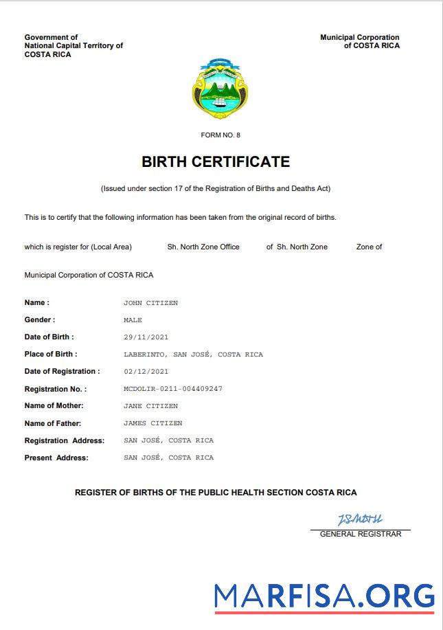 Bearbeitbar Costa Rica Geburt Zertifikat Word and PDF Vorlage