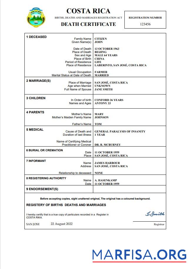 Hohe Qualität Costa Rica vital record Tod Zertifikat Word and PDF Vorlage