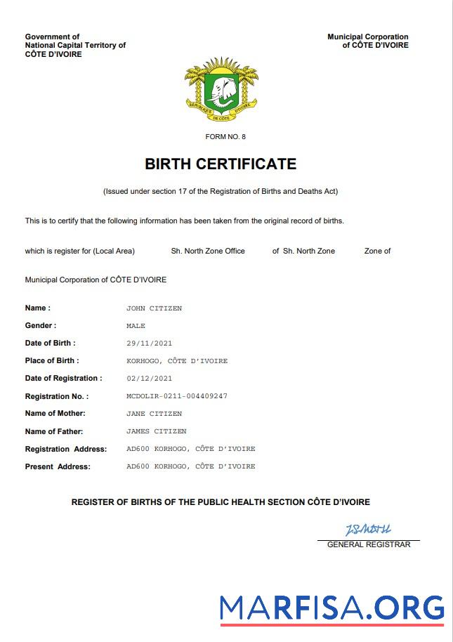 Bearbeitbar Cote dΓÇÖIvoire vital record Geburt Zertifikat Word and PDF Vorlage