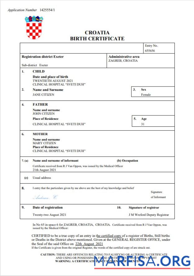 Hohe Qualität Kroatien Geburt Zertifikat Word and PDF Vorlage