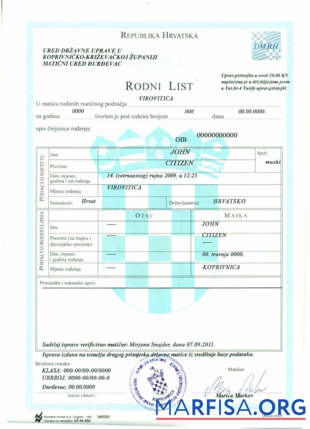 Kroatien Geburt Zertifikat Design