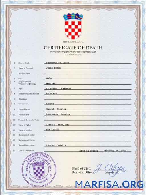 Professionell Kroatien Tod Zertifikat PSD Vorlage