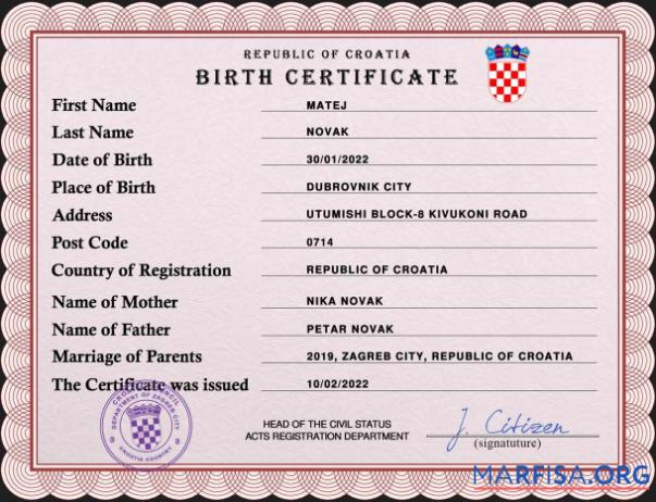 Professionell Kroatien vital record Geburt Zertifikat PSD Vorlage