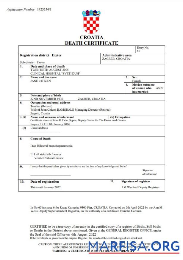 Bearbeitbar Kroatien vital record Tod Zertifikat Word and PDF Vorlage