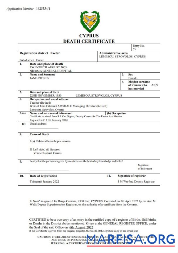 Professionell Zypern vital record Tod Zertifikat Word and PDF Vorlage