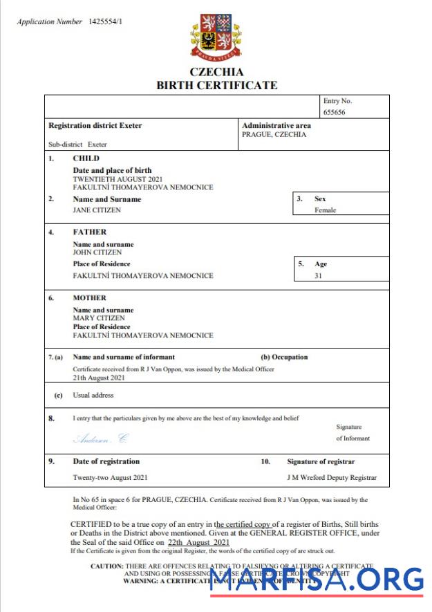Hohe Qualität Tschechien vital record Geburt Zertifikat Word and PDF Vorlage