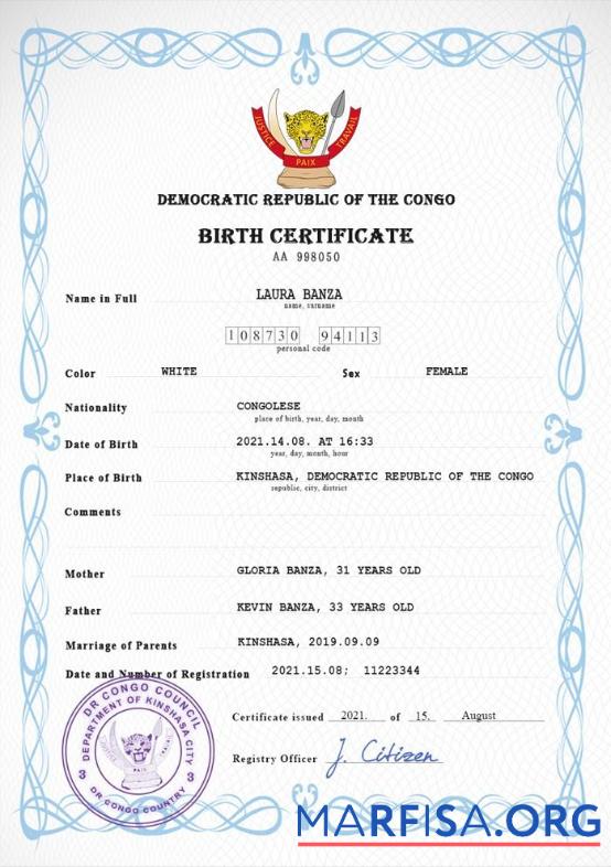 Premium Democratic Republic of the Kongo vital record Geburt Zertifikat PSD Vorlage