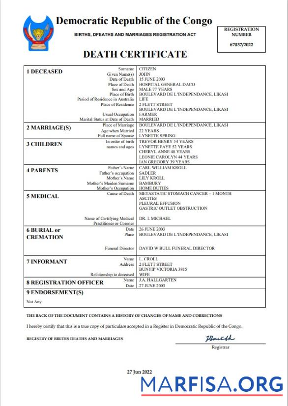 Professionell Democratic Republic of the Kongo vital record Tod Zertifikat Word and PDF Vorlage