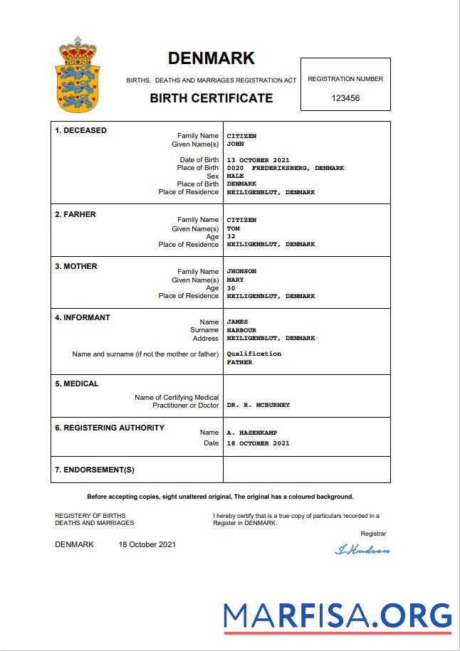 Hohe Qualität Dänemark vital record Geburt Zertifikat Word and PDF Vorlage