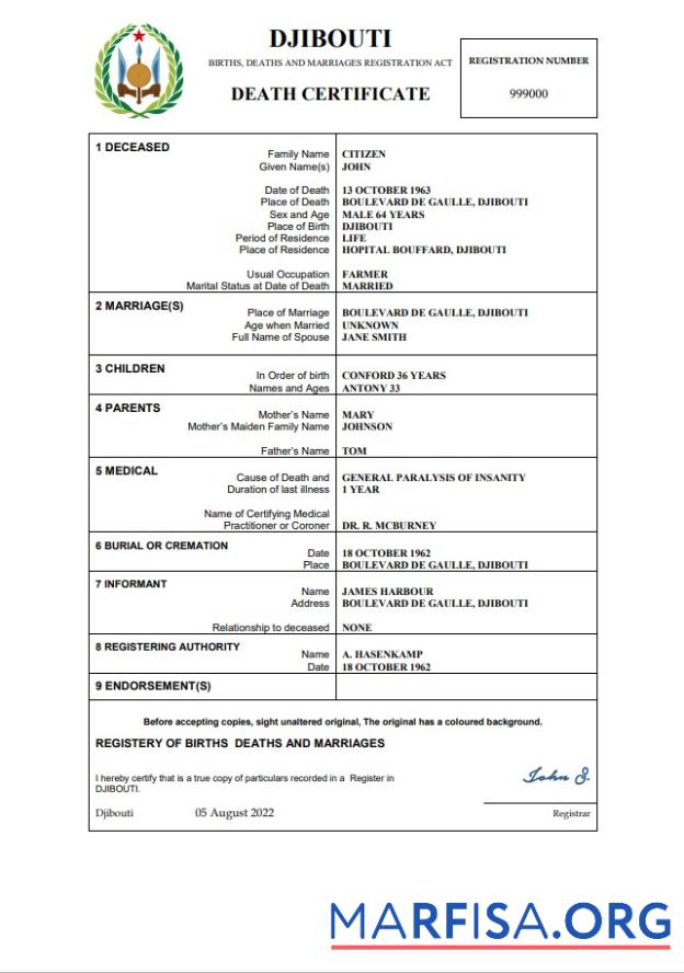 Bearbeitbar Dschibuti Tod Zertifikat Word and PDF Vorlage