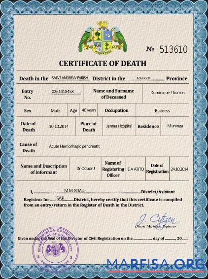 Bearbeitbar Dominica vital record Tod Zertifikat PSD Vorlage