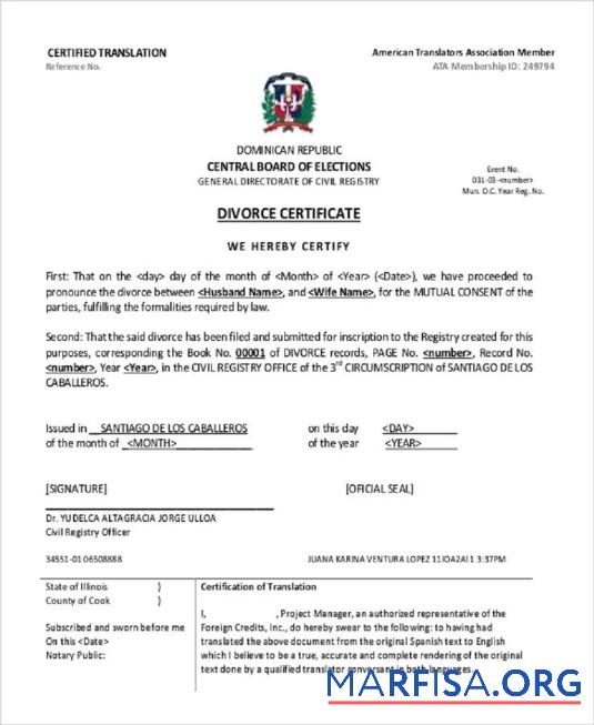 Dominikanische Republik General directorate of civil registry Scheidung cerificate Design