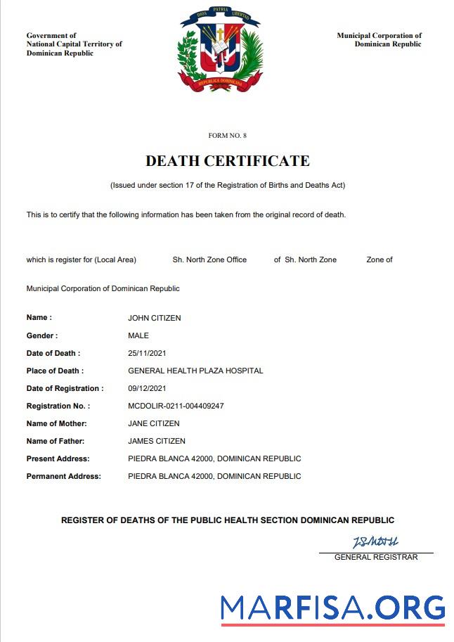 Bearbeitbar Dominikanische Republik Tod Zertifikat Word and PDF Vorlage