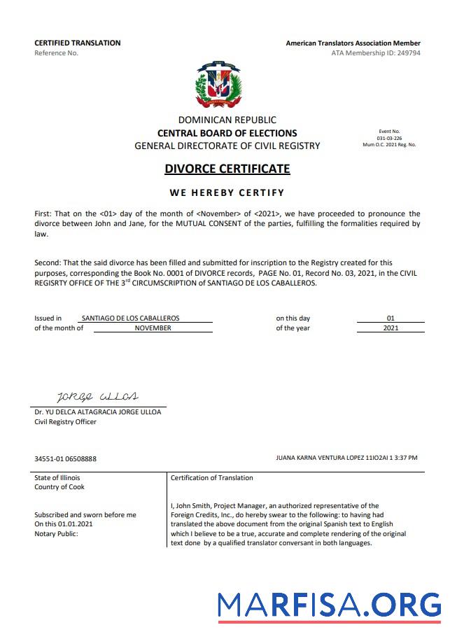 Professionell Dominikanische Republik Scheidung Zertifikat Vorlage in Word Format