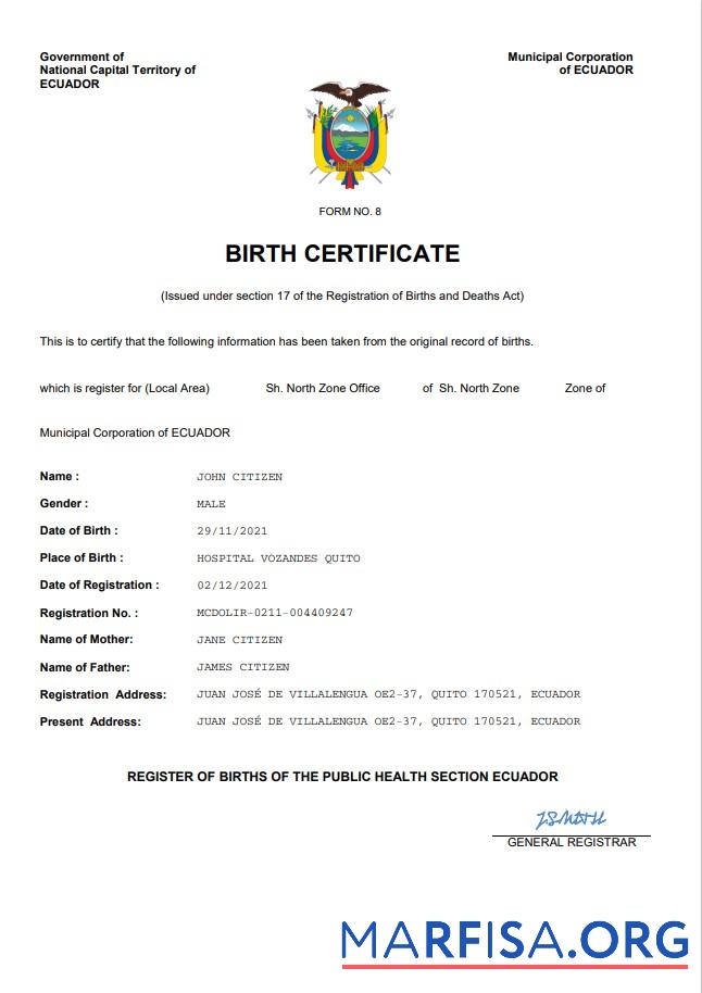 Bearbeitbar Ecuador vital record Geburt Zertifikat Word and PDF Vorlage