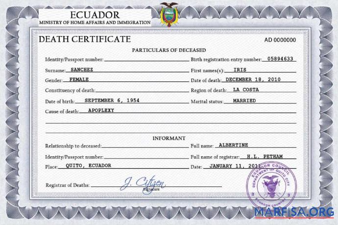Professionell Ecuador vital record Tod Zertifikat PSD Vorlage