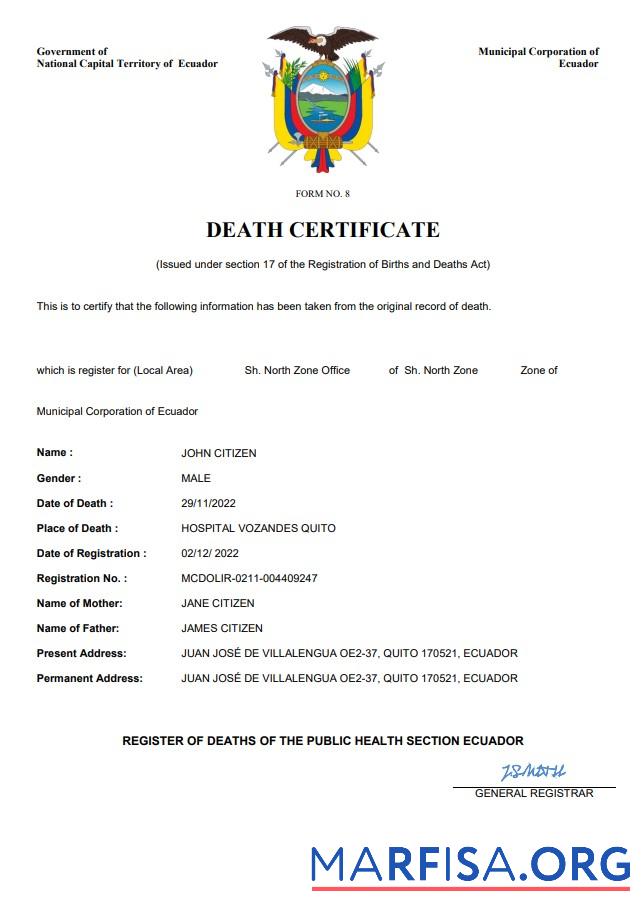 Premium Ecuador vital record Tod Zertifikat Word and PDF Vorlage