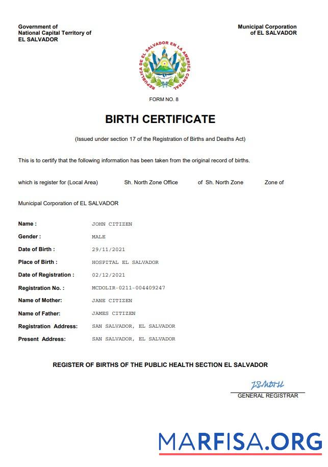 Hohe Qualität El Salvador vital record Geburt Zertifikat Word and PDF Vorlage