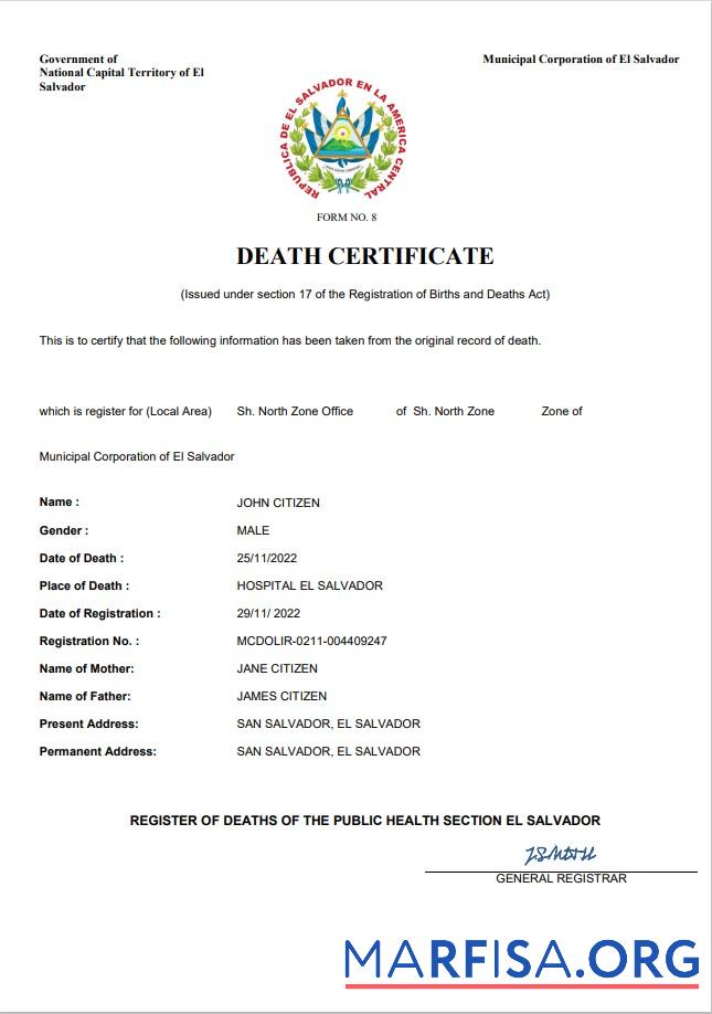 Bearbeitbar El Salvador vital record Tod Zertifikat Word and PDF Vorlage