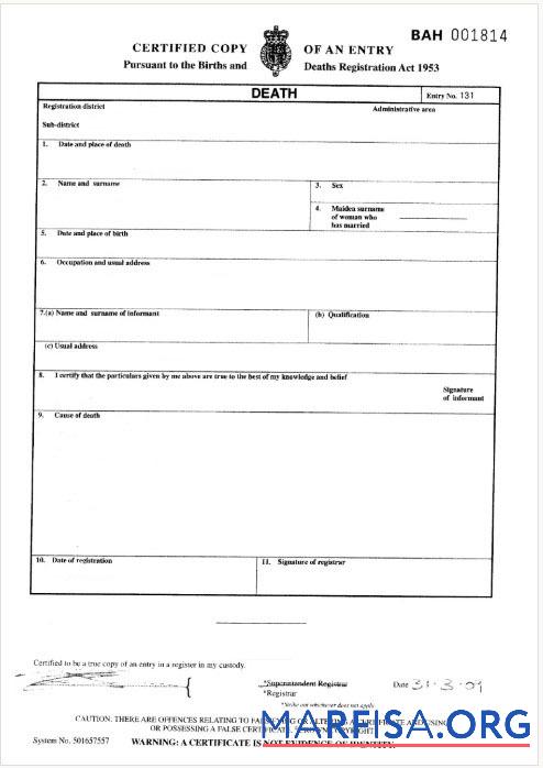 England General Register of London Tod Zertifikat Probe