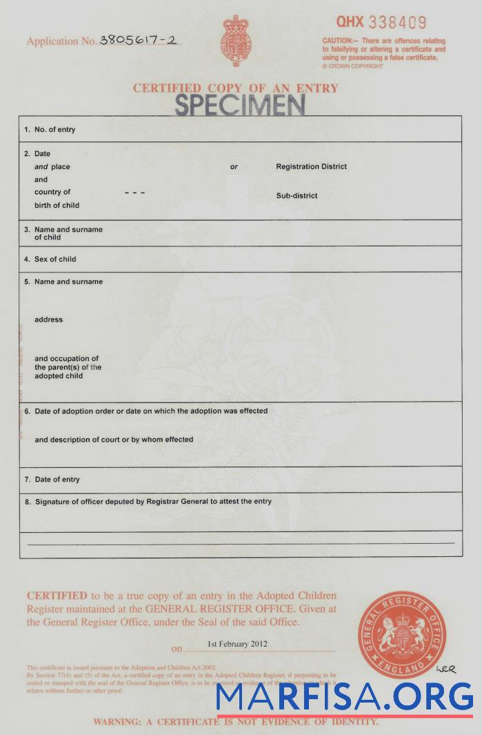 England General register office adoption Zertifikat Probe