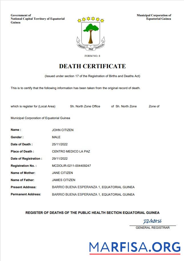 Bearbeitbar Äquatorialguinea Tod Zertifikat Word and PDF Vorlage