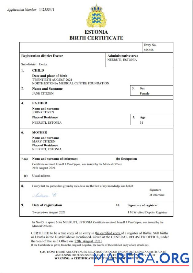 Bearbeitbar Estland vital record Geburt Zertifikat Word and PDF Vorlage