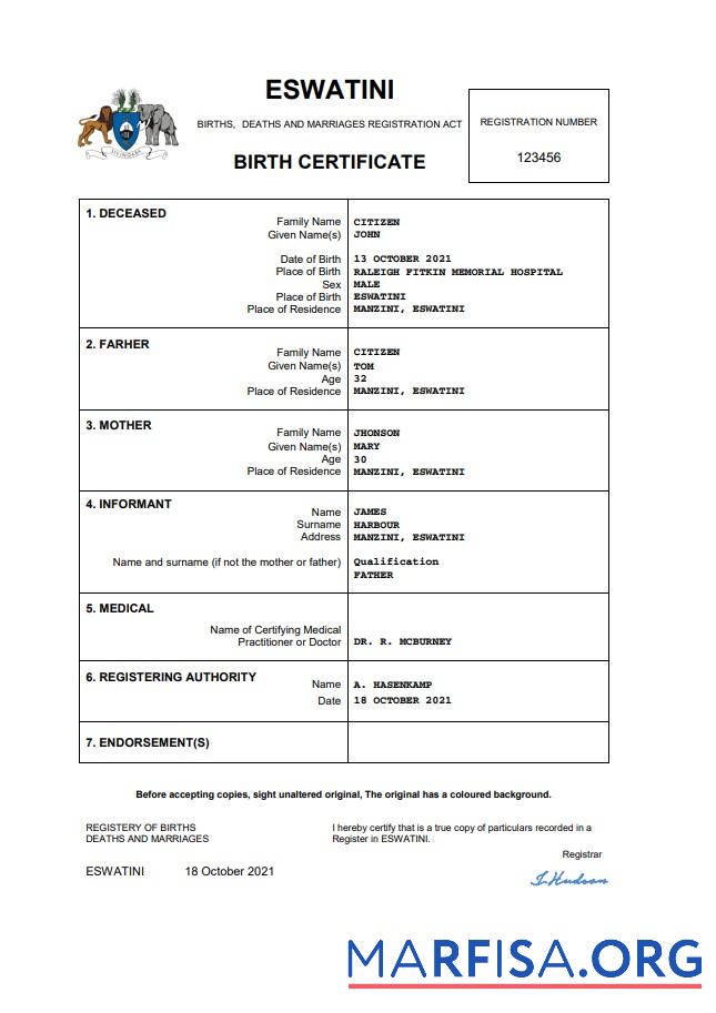 Bearbeitbar Eswatini Geburt Zertifikat Word and PDF Vorlage