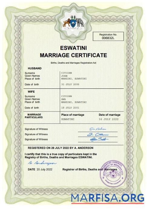Premium Eswatini Ehe Zertifikat Word and PDF Vorlage