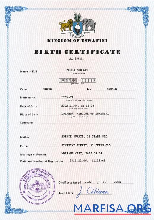 Hohe Qualität Eswatini vital record Geburt Zertifikat PSD Vorlage