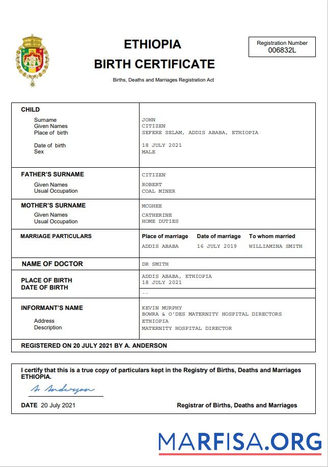 Realistisch Äthiopien vital record Geburt Zertifikat Word and PDF Vorlage