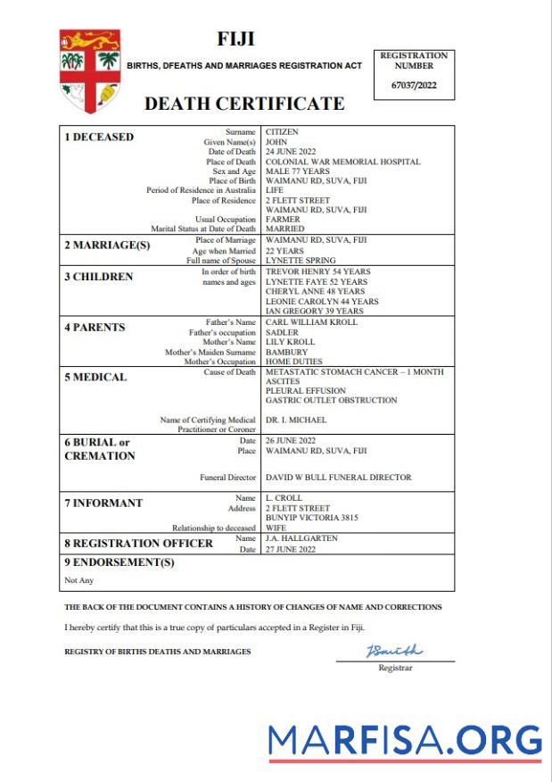 Premium Fidschi vital record Tod Zertifikat Word and PDF Vorlage